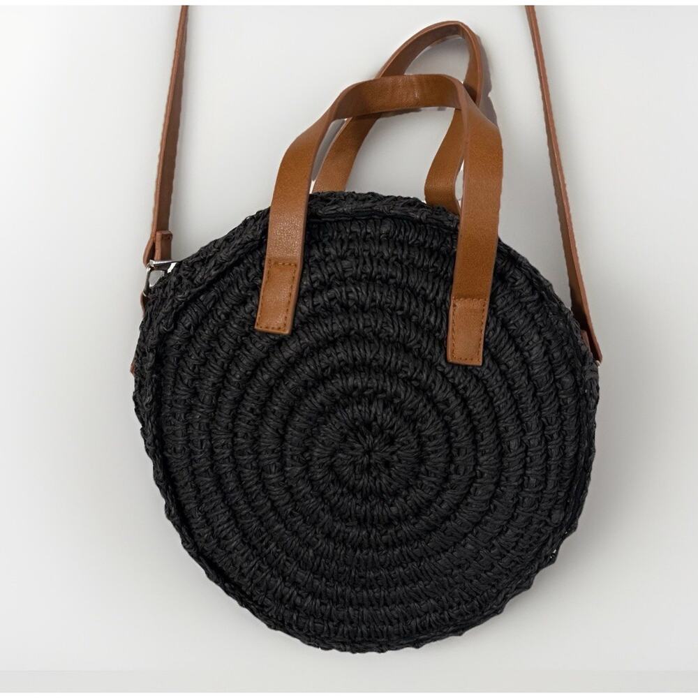Black Rattan Circle Purse Paper Shoulder Bag Crossbody Beach Summer Preppy